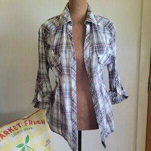 Y2K Womens Large Pink Green Plaid Metallic Western Button Down Roll Tab Shirt